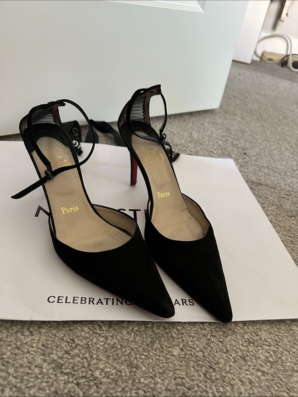 Christian Louboutin Black Suede Pointed Ankle-Strap Pumps with Red Sole
